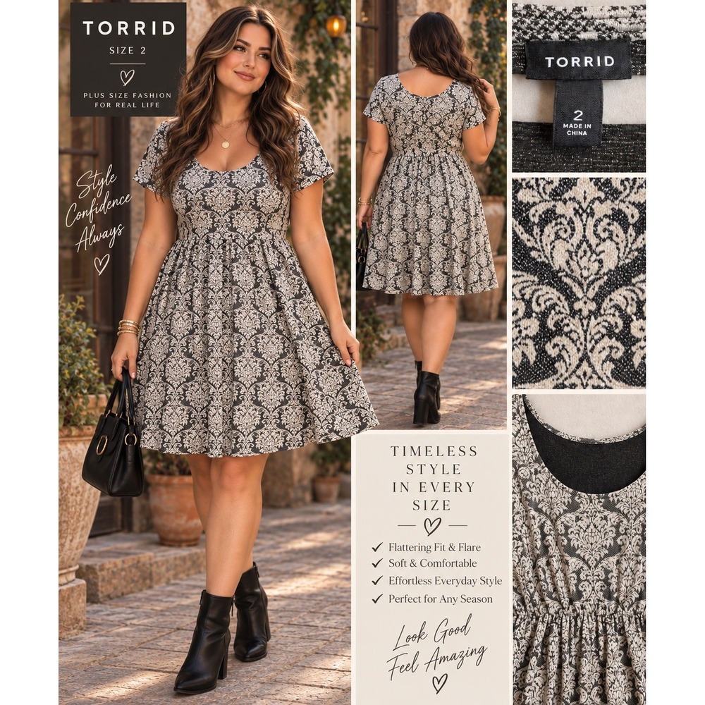 Torrid Grey Black Damask Fit & Flare Knit Dress Size 2 Plus Short Sleeve Scoop